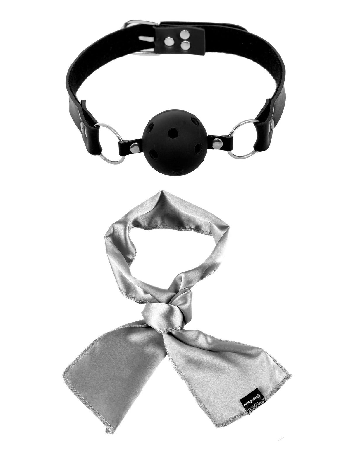 Fetish Fantasy Limited Edition Ultimate Bondage Kit includes a black ball gag and a silver satin scarf for erotic play.