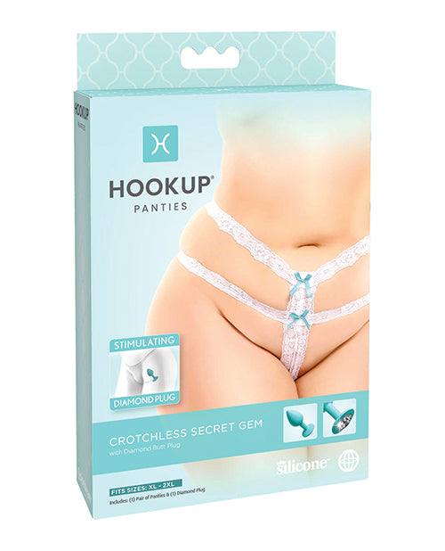 Hookup Panties Secret Gem Diamond Plug XL-2XL packaging showcasing crotchless design and included diamond butt plug.