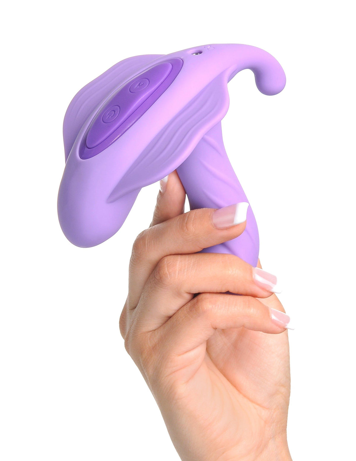 A person holding the Fantasy For Her G-Spot Stimulate-Her Vibrator Purple showcasing its design and controls.