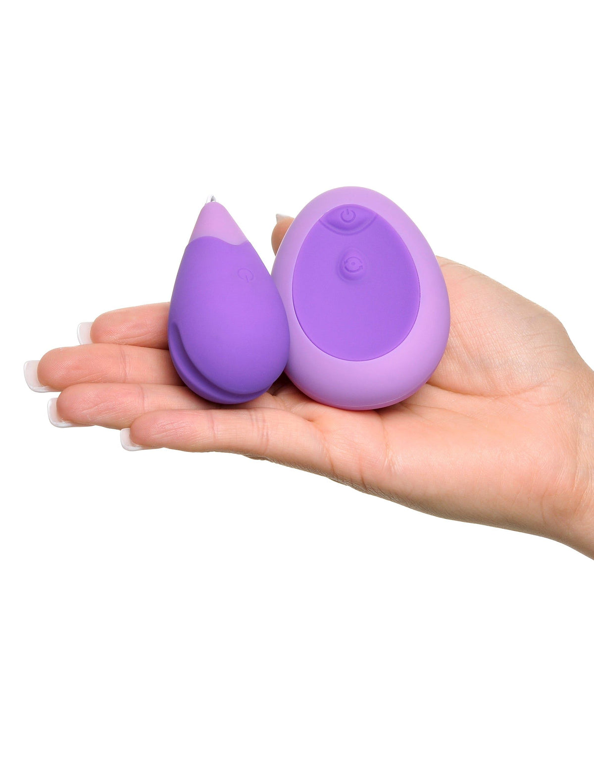 Fantasy For Her Remote Kegel Excite-Her Purple held in hand, highlighting its compact design for discreet use.