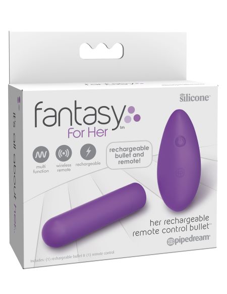 Fantasy For Her Remote Control Rechargeable Bullet Vibrator packaging showing a purple bullet and remote control for pleasure.