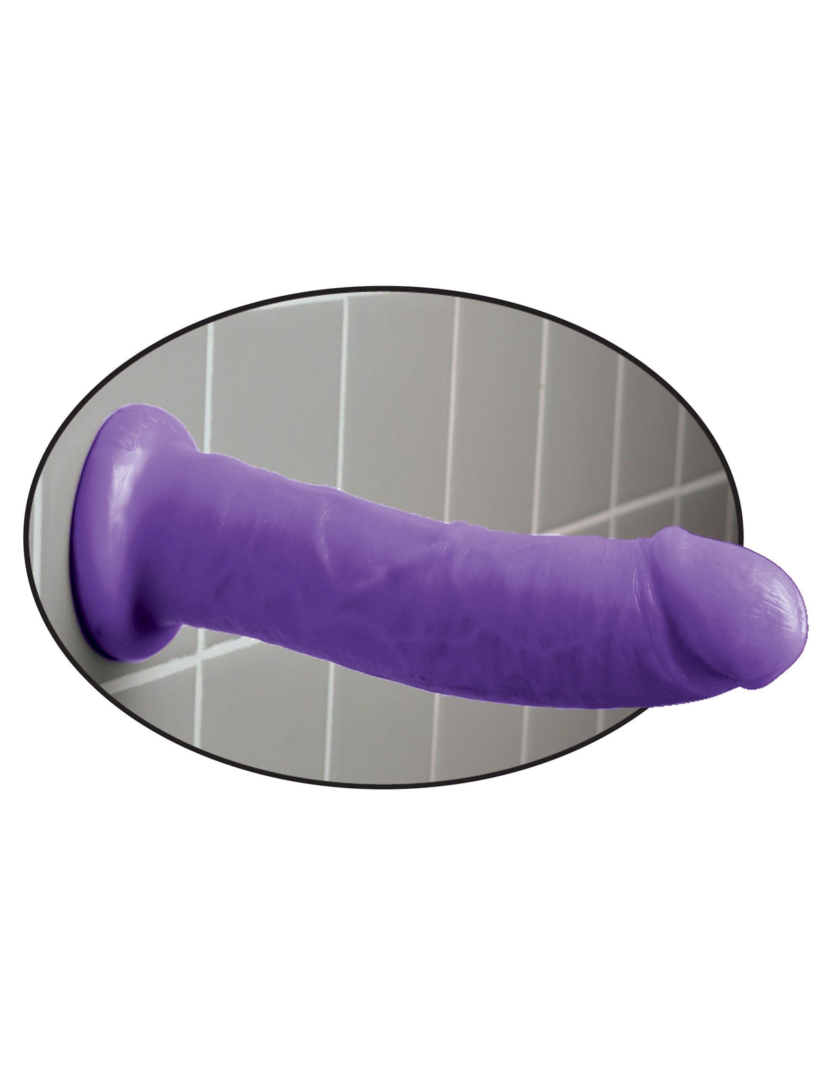 Dillio 8 Inch Realistic Suction Cup Dildo Purple mounted on a smooth surface showcasing its lifelike design.