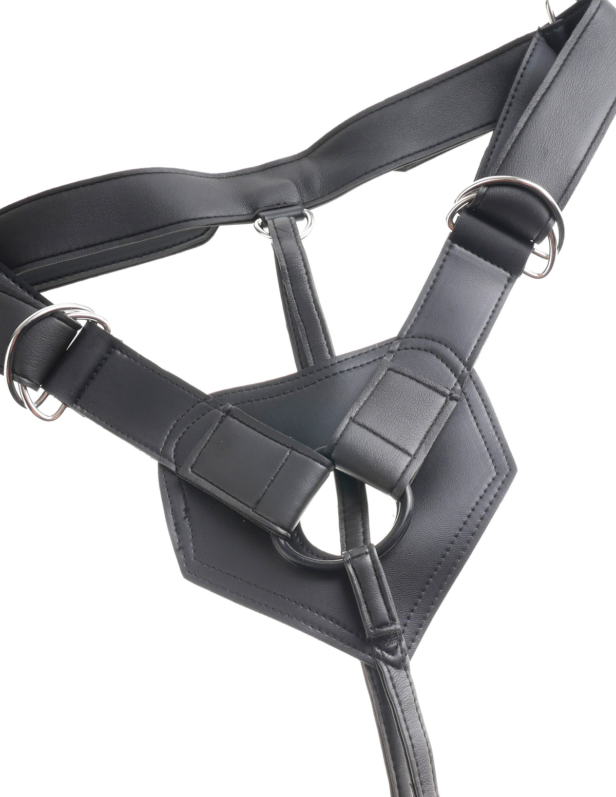 King Cock Strap On Harness with 8 Inch Dildo Vanilla black harness close-up detail.