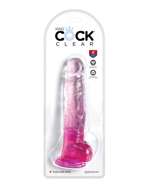 King Cock Clear 8 inch Cock with Balls Pink displayed in packaging showcasing its realistic design.