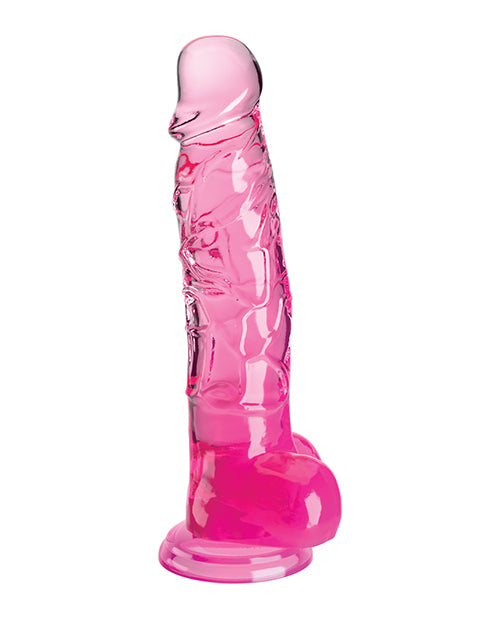 King Cock Clear 8 inch Cock with Balls Pink showcasing lifelike detail and translucent design for enhanced pleasure.