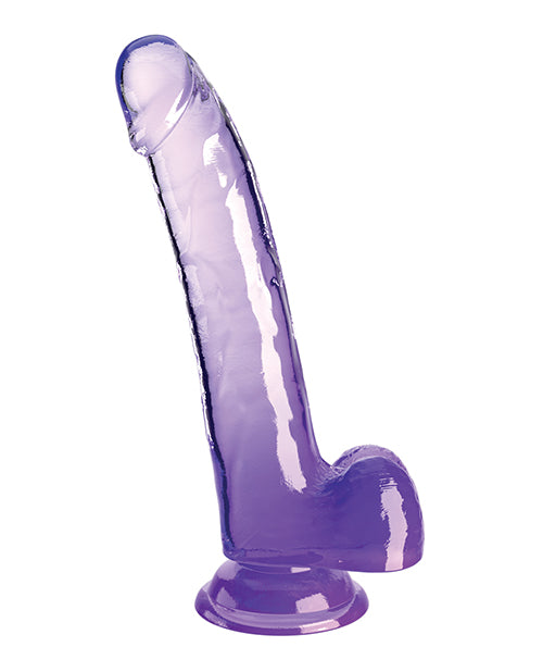 King Cock Clear 9 inches Cock with Balls Purple, featuring a lifelike translucent design with detailed texture.