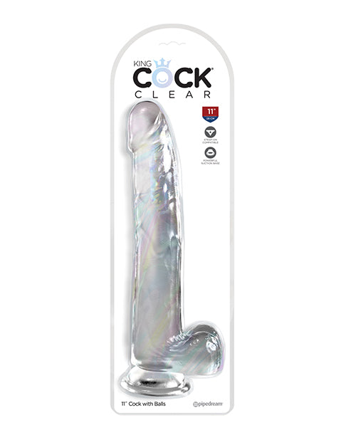 King Cock Clear 11 Inch Dildo With Balls showcased in packaging, featuring a translucent design and realistic details.