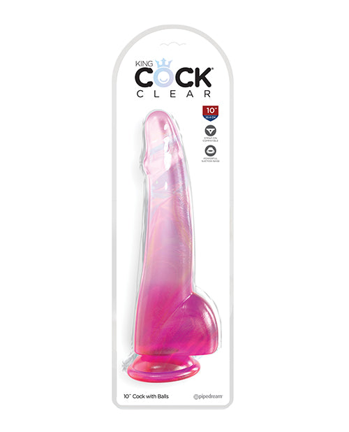 King Cock Clear 10 inch Cock with Balls Pink in packaging showcasing its lifelike design and vibrant color.