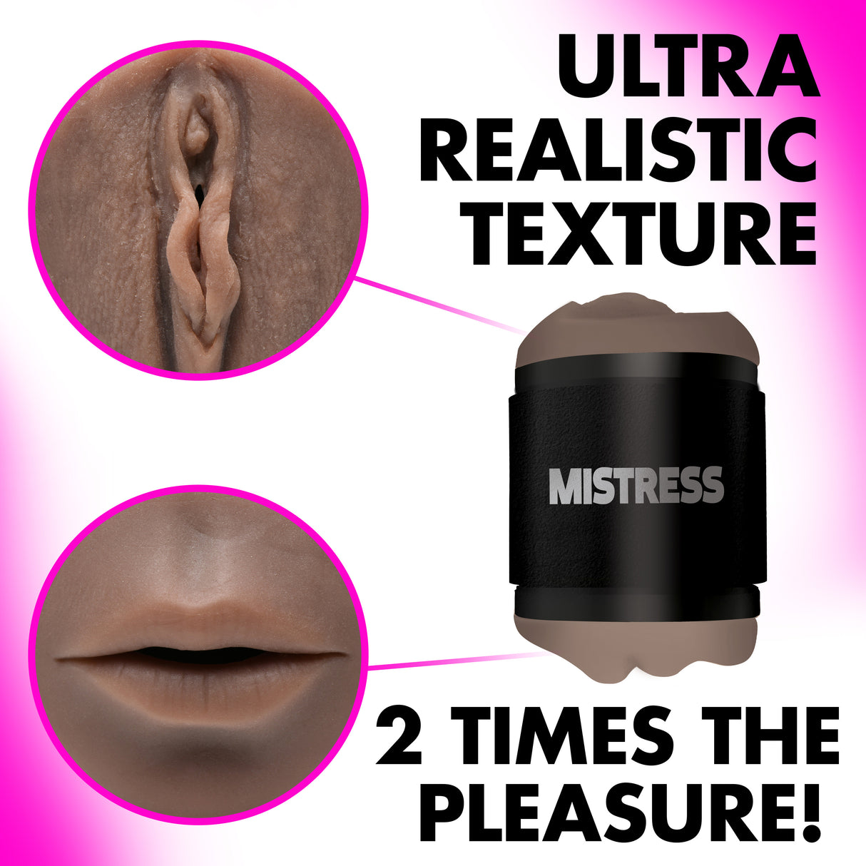 Ultra realistic texture of the Mistress Double Shot Mouth & Pussy Stroker Dark, highlighting dual-entry design for pleasure.
