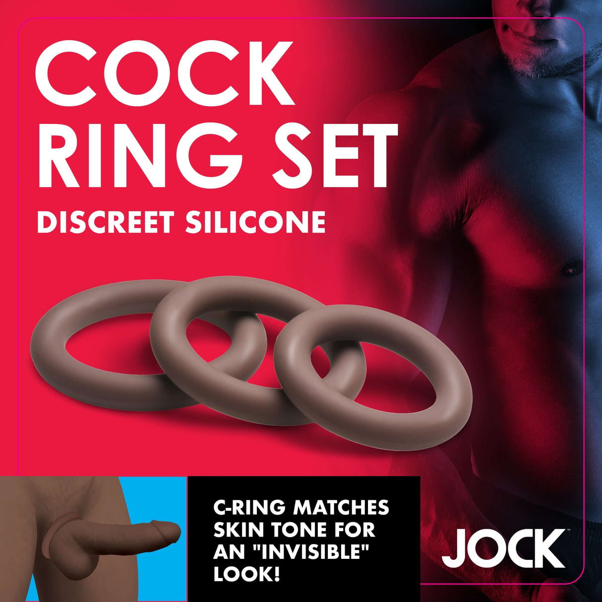 Jock Discreet Silicone Cock Ring Set Dark features three graduated silicone rings for enhanced comfort and performance.