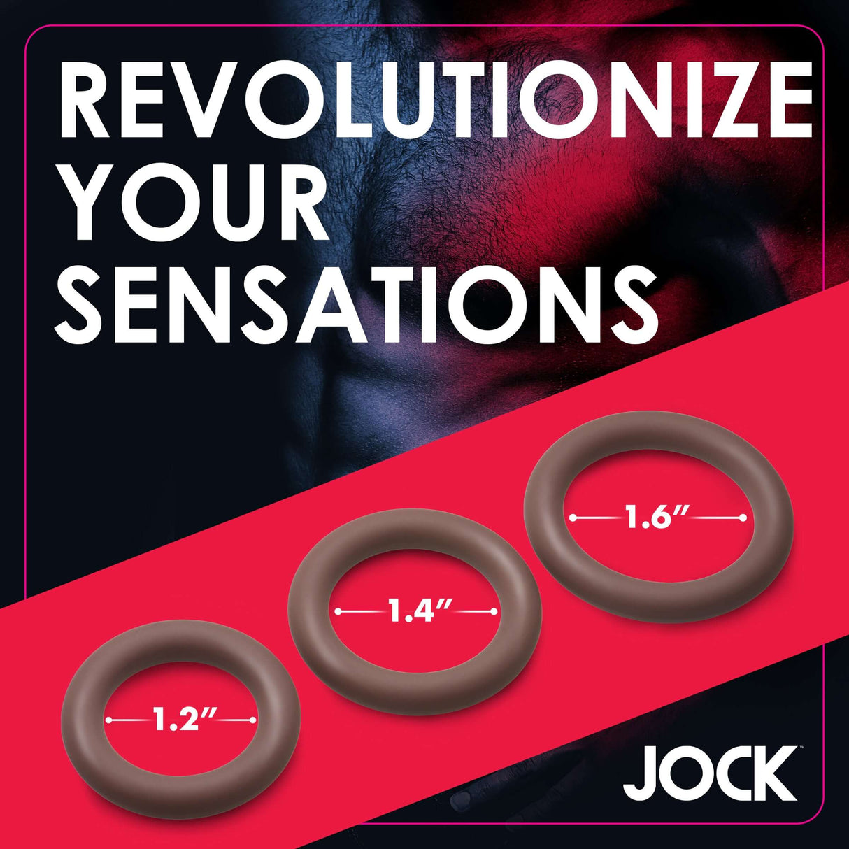 Jock Discreet Silicone Cock Ring Set Dark with three sizes 1.2", 1.4", and 1.6" for enhanced sensations.