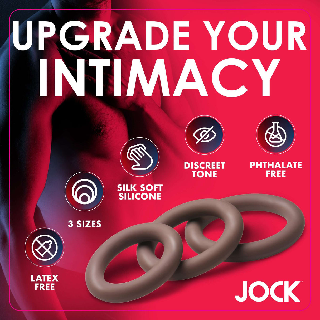 Jock Discreet Silicone Cock Ring Set Dark showcasing three silicone rings with features like latex free and discreet tone.