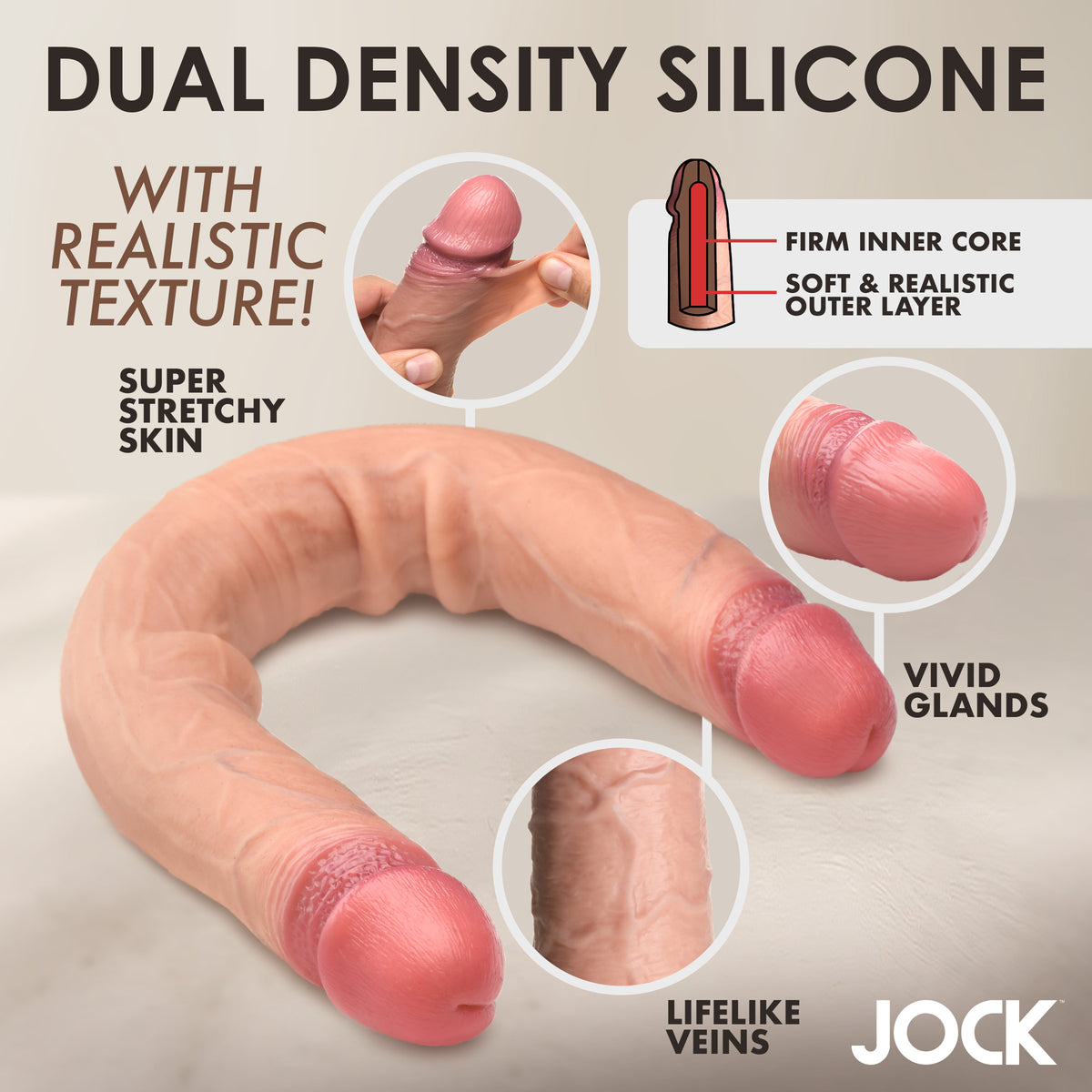 Jock 15.75 Inch Double Ended Dildo Silicone Medium with dual density silicone and realistic texture features.