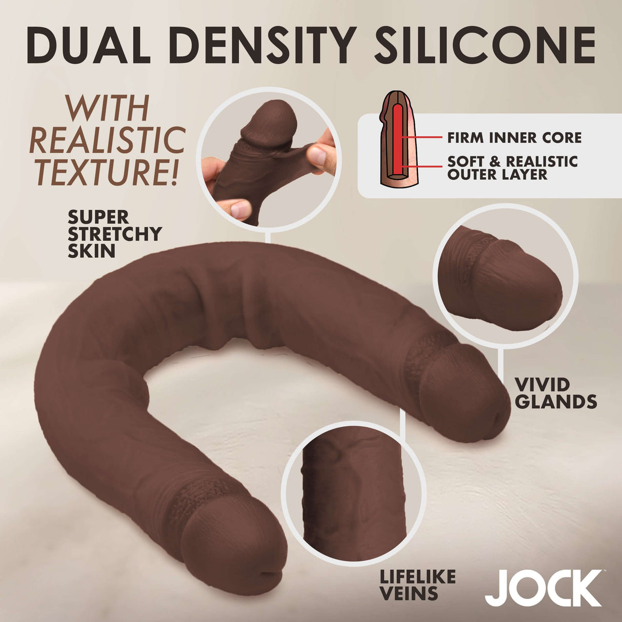 Jock Real Skin 17.75 Inches Double Dildo Dark showcasing dual density silicone with realistic texture and lifelike features.