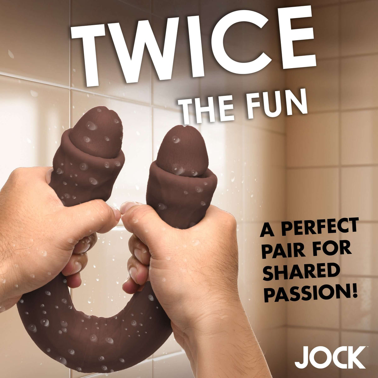 Jock Real Skin 17.75 Inches Double Dildo Dark held by hands, showcasing its design for couples and adventurous play.