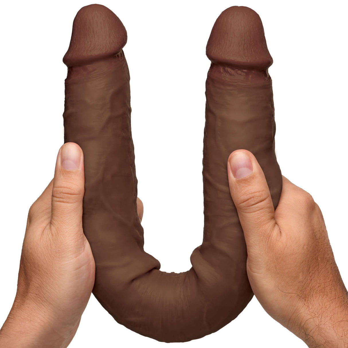 Jock Real Skin 17.75 Inches Double Dildo Dark held by hands, designed for double penetration and heightened pleasure.