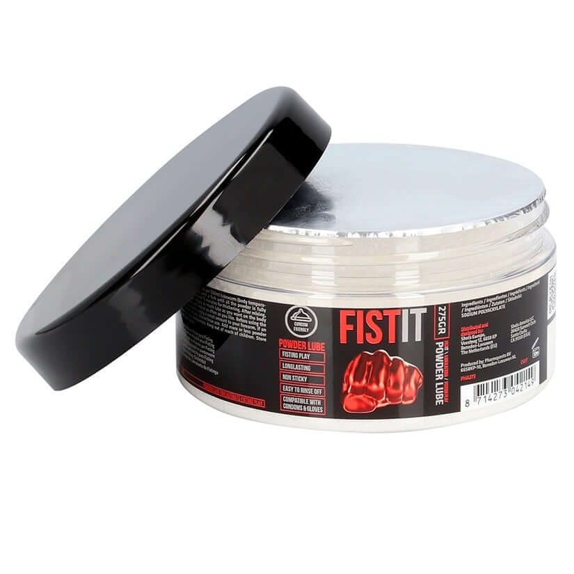 Fist It Powder Lube Fisting Lubricant 9.7 Oz container with black lid and label showcasing product details.