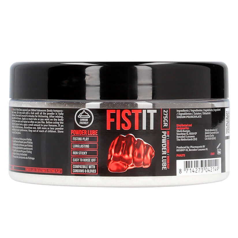 Fist It Powder Lube Fisting Lubricant 9.7 Oz container showing usage instructions and benefits.