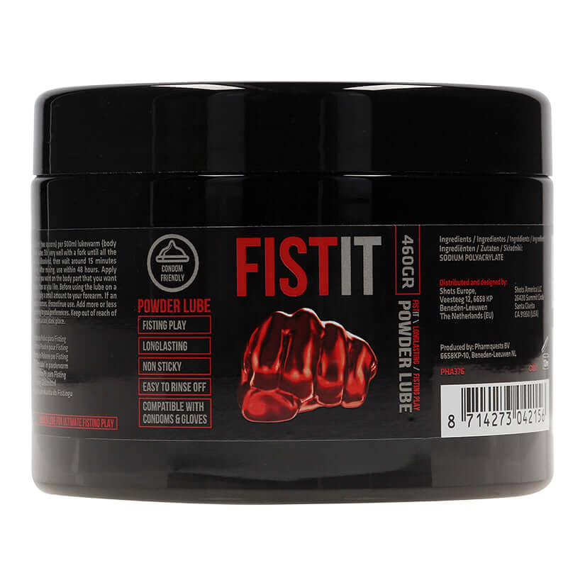Fist It Powder Lube Fisting Lubricant 16.2 Oz in a black jar with red graphics for fisting play.