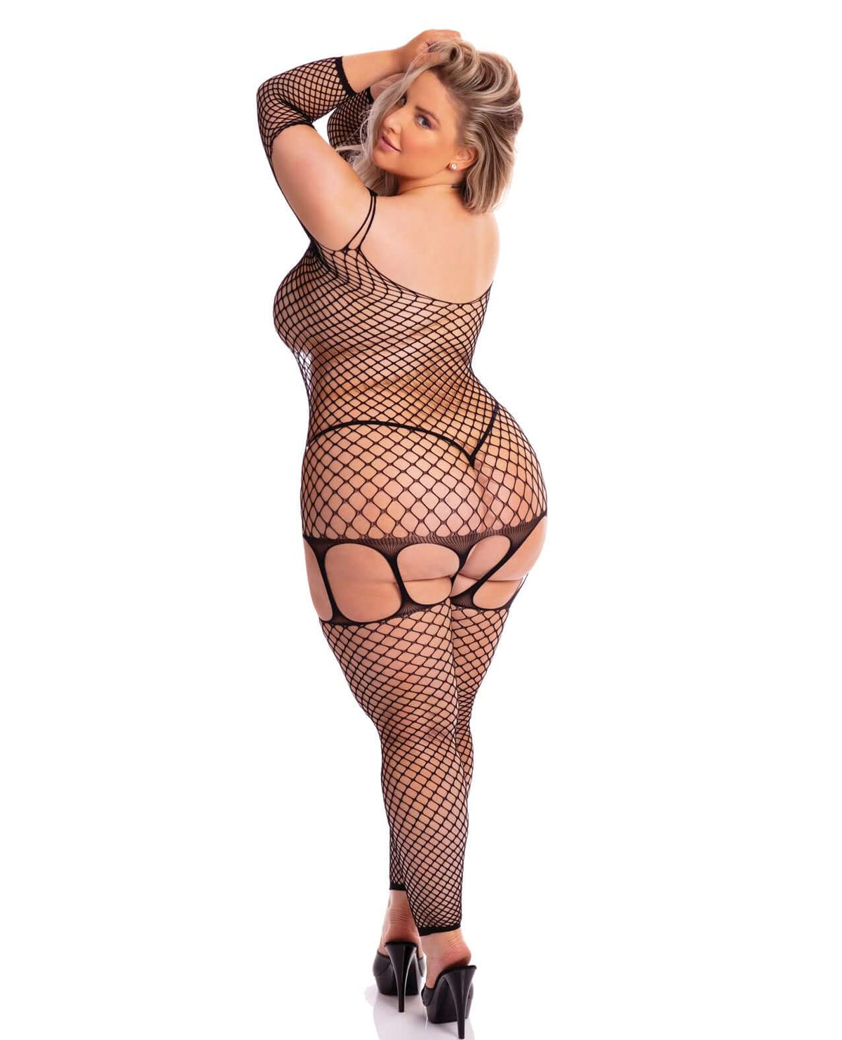 Pink Lipstick In My Head Net Bodystocking Black Queen showcasing a woman's curvy figure in black net stockings.