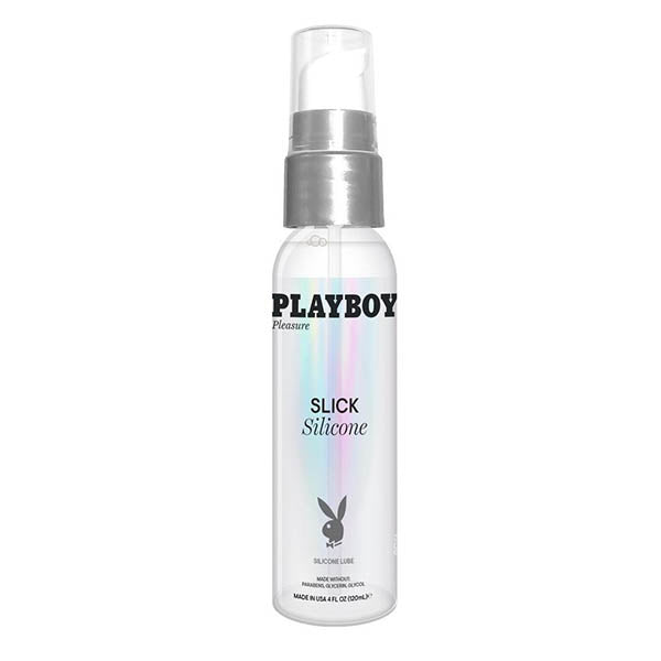 Playboy Pleasure Slick Silicone Lubricant 4 Oz bottle with pump, designed for smooth and long-lasting glide.