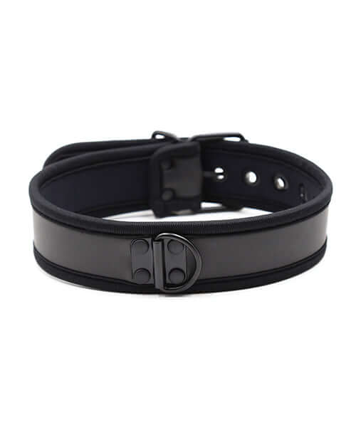 Plesur Neoprene Puppy Collar Black, adjustable collar with D-ring for leashes, sleek neoprene design.