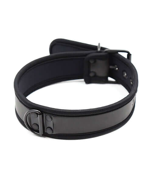 Plesur Neoprene Puppy Collar Black, adjustable collar with sturdy D-ring for leash attachment.