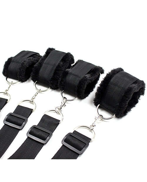Plesur Fuzzy Bedroom Bondage Kit Black soft cuffs and straps for comfortable restraint.