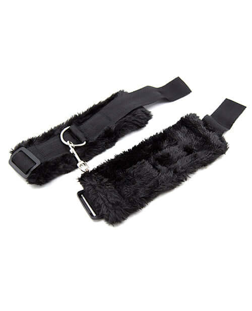 Plesur Fuzzy Bedroom Bondage Kit Black soft wrist and ankle cuffs for comfortable restraint play.