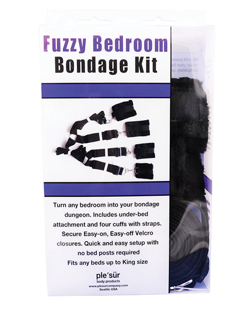 Plesur Fuzzy Bedroom Bondage Kit Black packaging showcasing cuffs and straps for secure restraint.