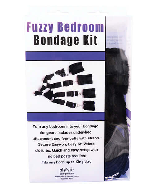 Plesur Fuzzy Bedroom Bondage Kit Black packaging showcasing cuffs and straps for secure restraint.