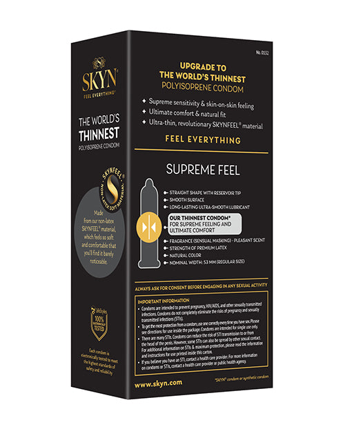 Lifestyles SKYN Supreme Feel Condoms Pack of 10 box showcasing features of ultra-thin, natural fit, and supreme sensitivity.