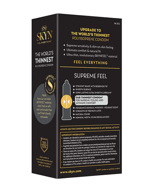 Lifestyles SKYN Supreme Feel Condoms Pack of 10 box showcasing features of ultra-thin, natural fit, and supreme sensitivity.