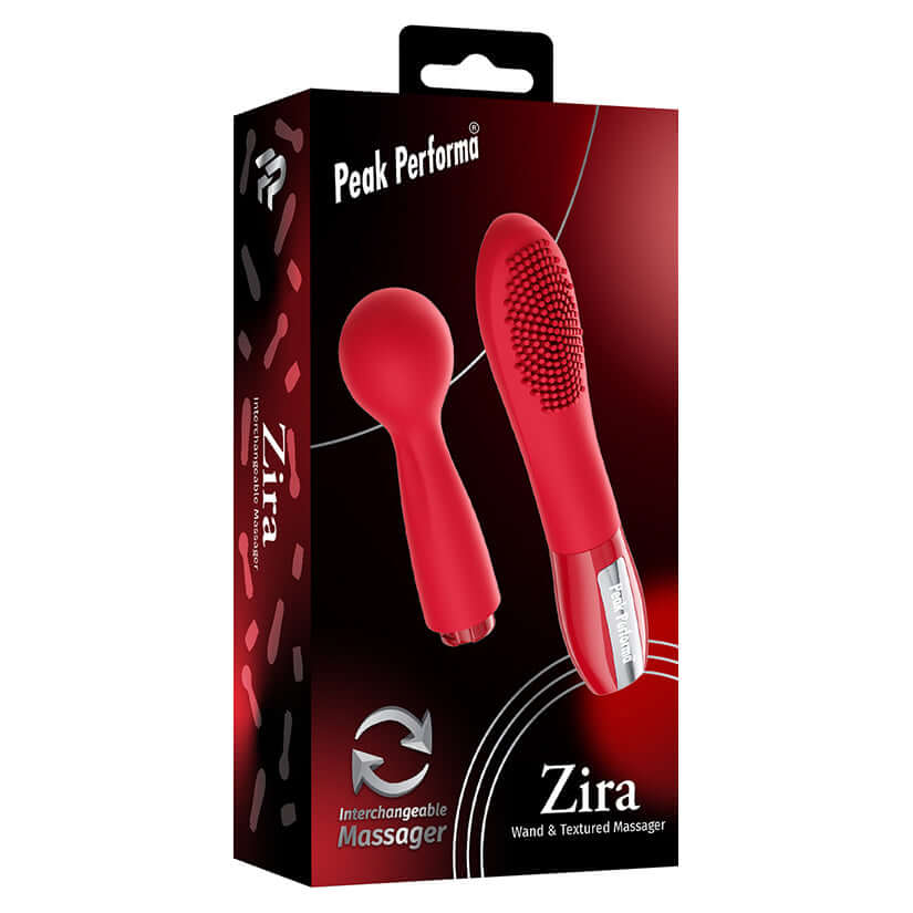 Peak Performa Interchangeable Zira Wand Massager Red packaging featuring interchangeable heads for versatile use.