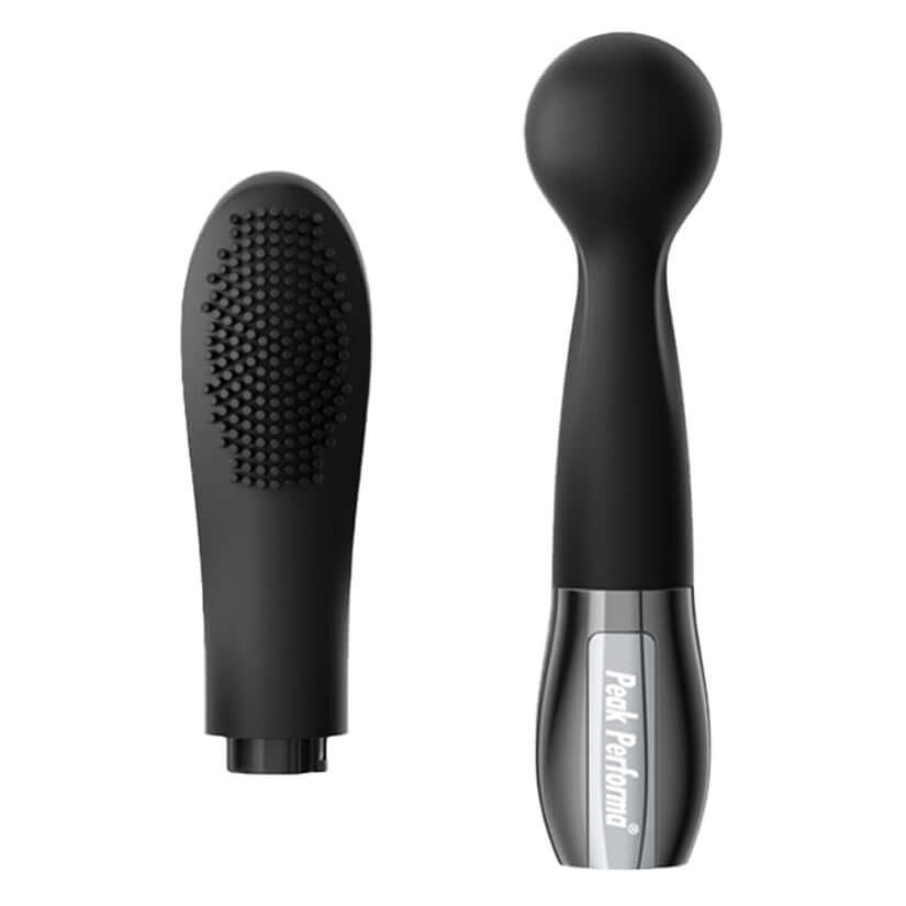 Peak Performa Interchangeable Zira Wand Massager Black with textured attachment and sleek design.