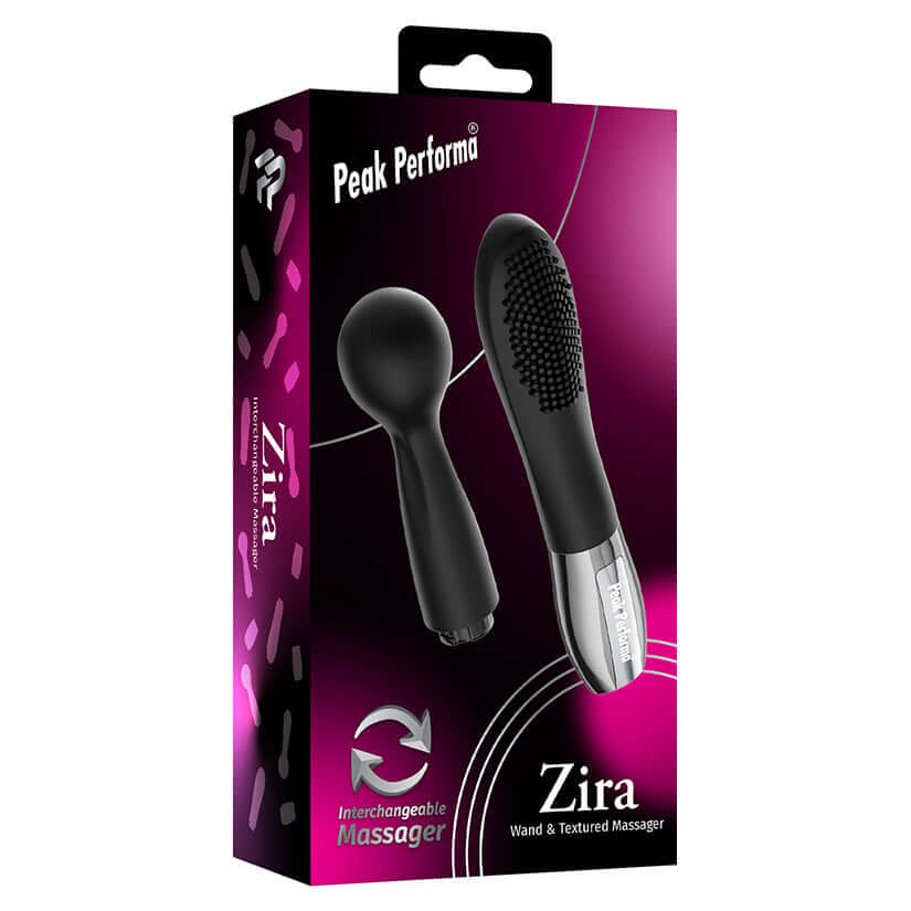Peak Performa Interchangeable Zira Wand Massager Black packaging with interchangeable attachments.
