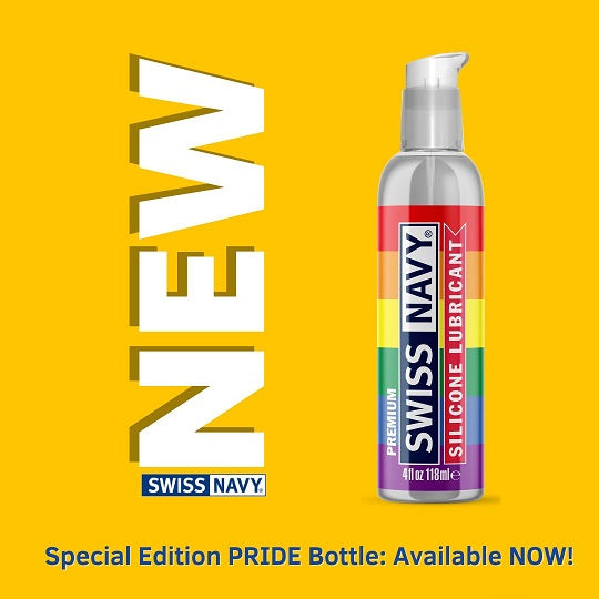 Swiss Navy Pride Silicone Lubricant 4 Oz special edition bottle with rainbow design on a bright yellow background.