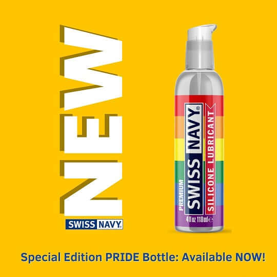 Swiss Navy Pride Silicone Lubricant 4 Oz special edition bottle with rainbow design on a bright yellow background.
