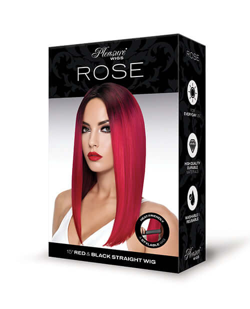 Pleasure Wigs Rose Pink Costume Wig displayed on packaging, featuring vibrant rose pink color for bold looks.