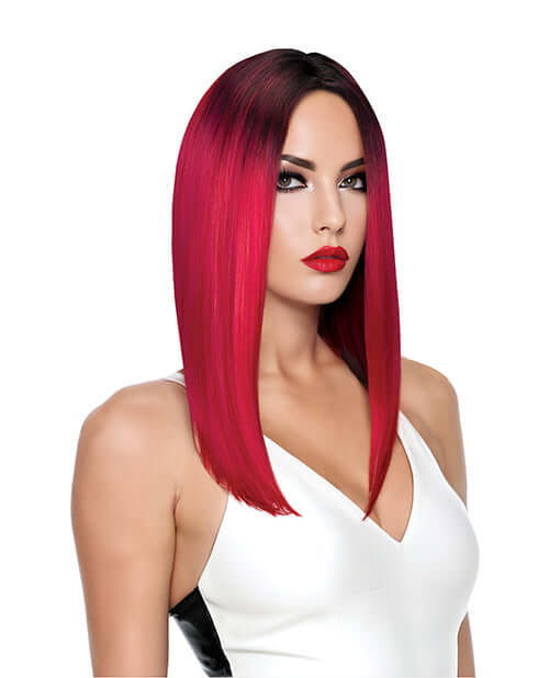 Pleasure Wigs Rose Pink Costume Wig showcasing vibrant rose pink color on a model, perfect for costume parties and role play.