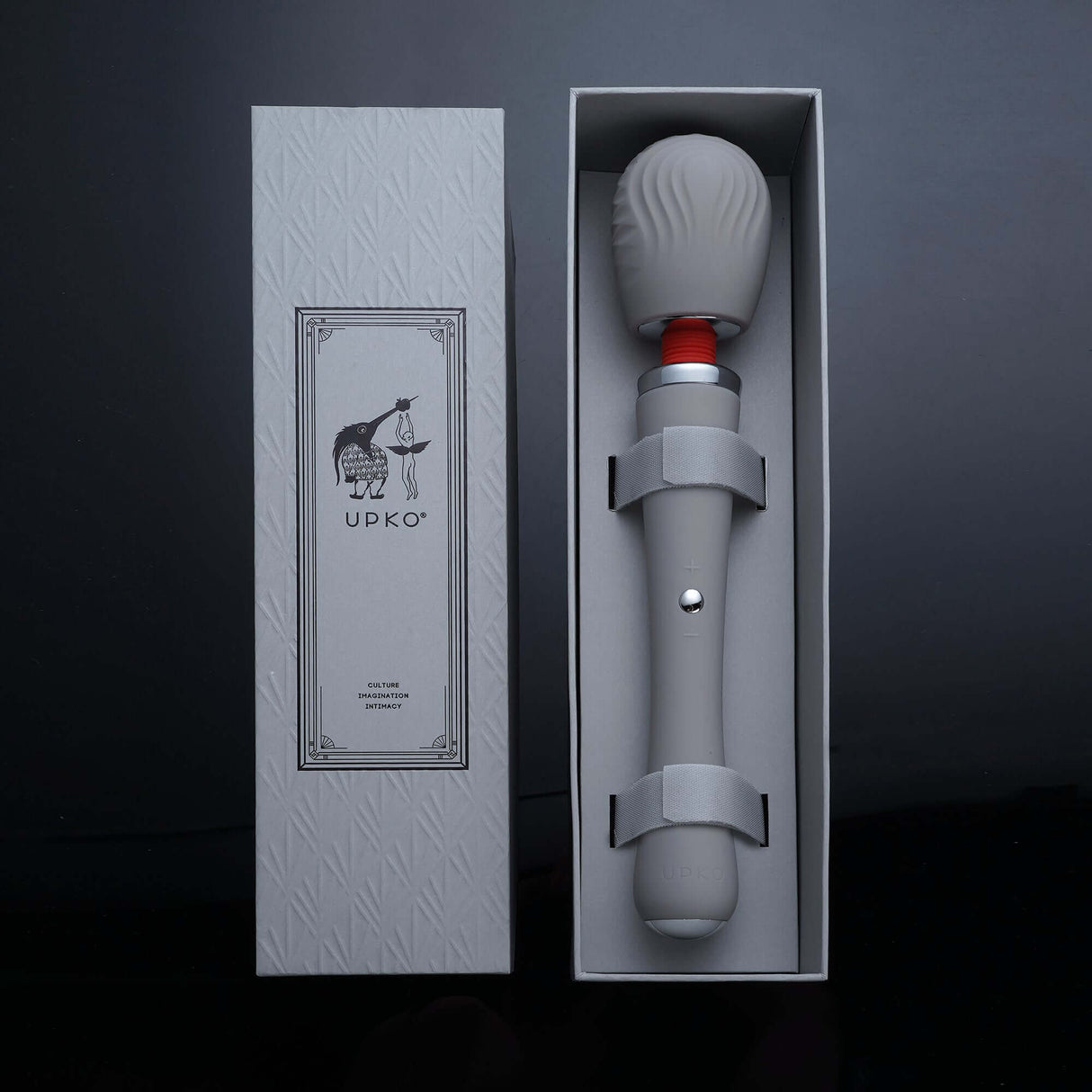 UPKO remote-control wand vibrator in elegant packaging, showcasing innovative design and discreet storage.