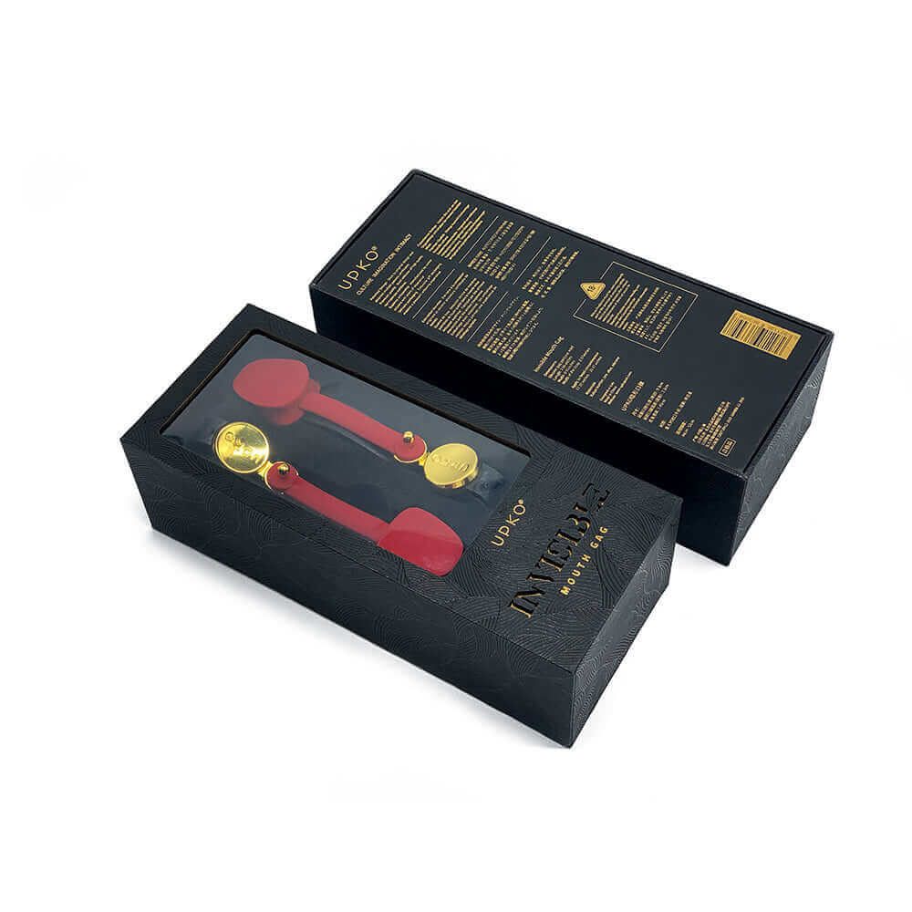 UPKO Luxury Silicone Invisible Mouth Gag with Italian Leather Straps packaged in an elegant black box.