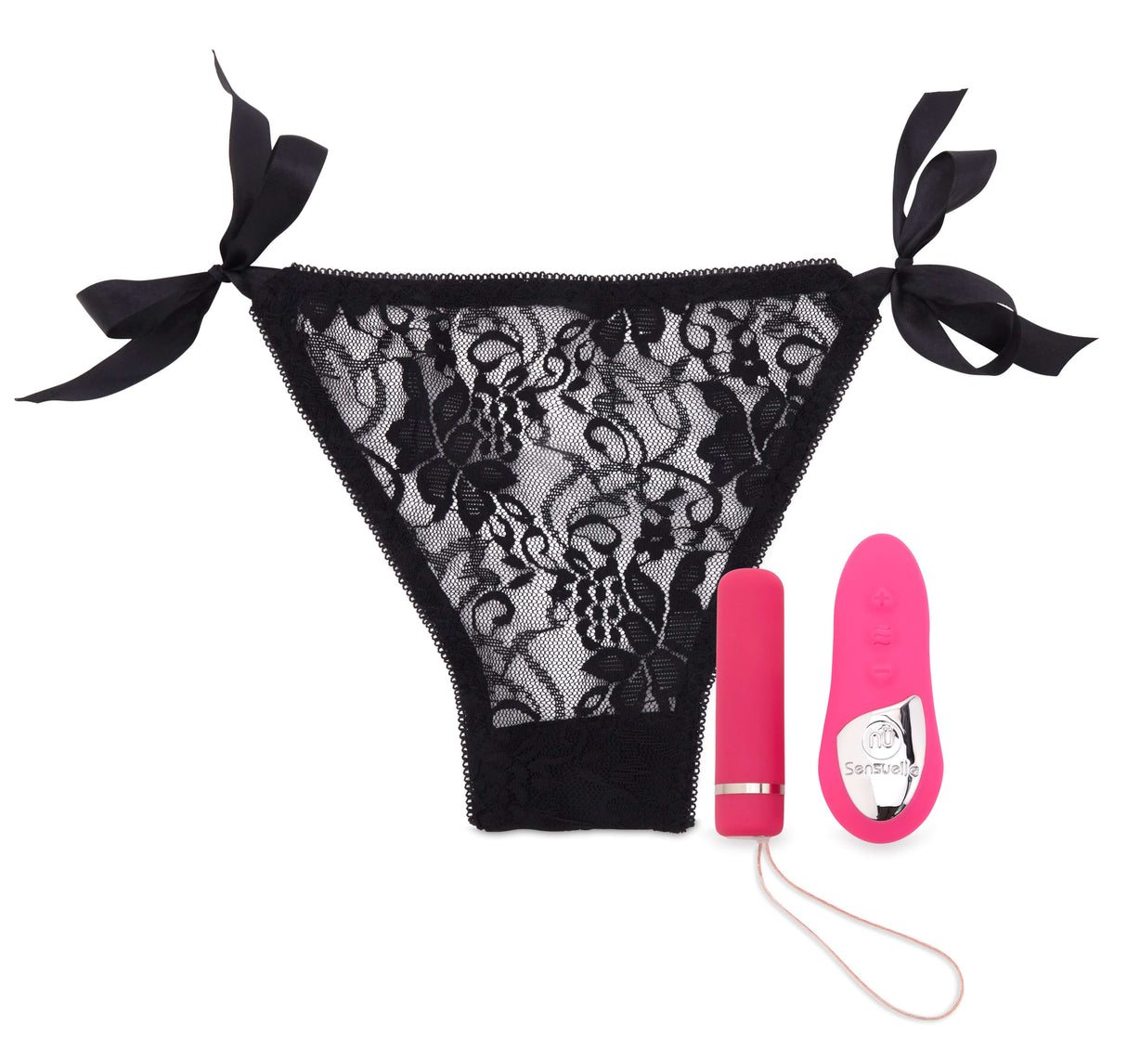 NU Sensuelle Pleasure Panty Pink Remote Control with lace details and a pink rechargeable vibrator.
