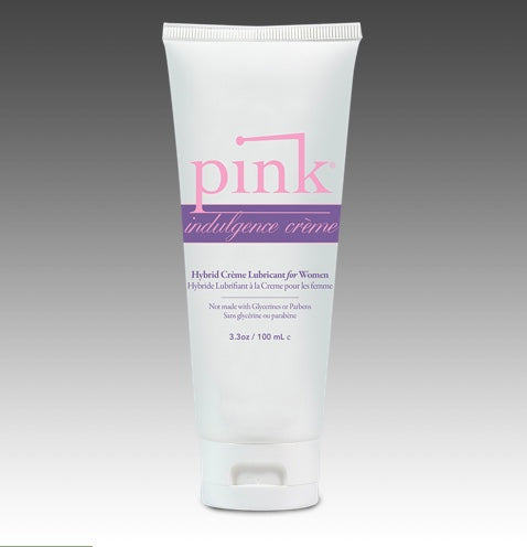 Pink Indulgence Hybrid Creme Lubricant 3.3 Oz tube on a gradient background.