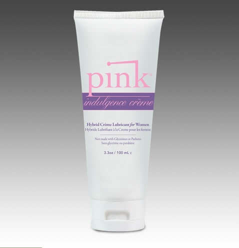 Pink Indulgence Hybrid Creme Lubricant 3.3 Oz tube on a gradient background.