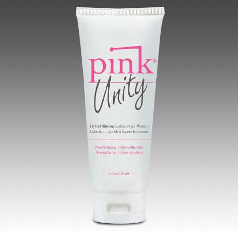 Pink Unity Hybrid Silicone Lubricant for Women 3.3 Oz tube with sleek design and non-staining formula.