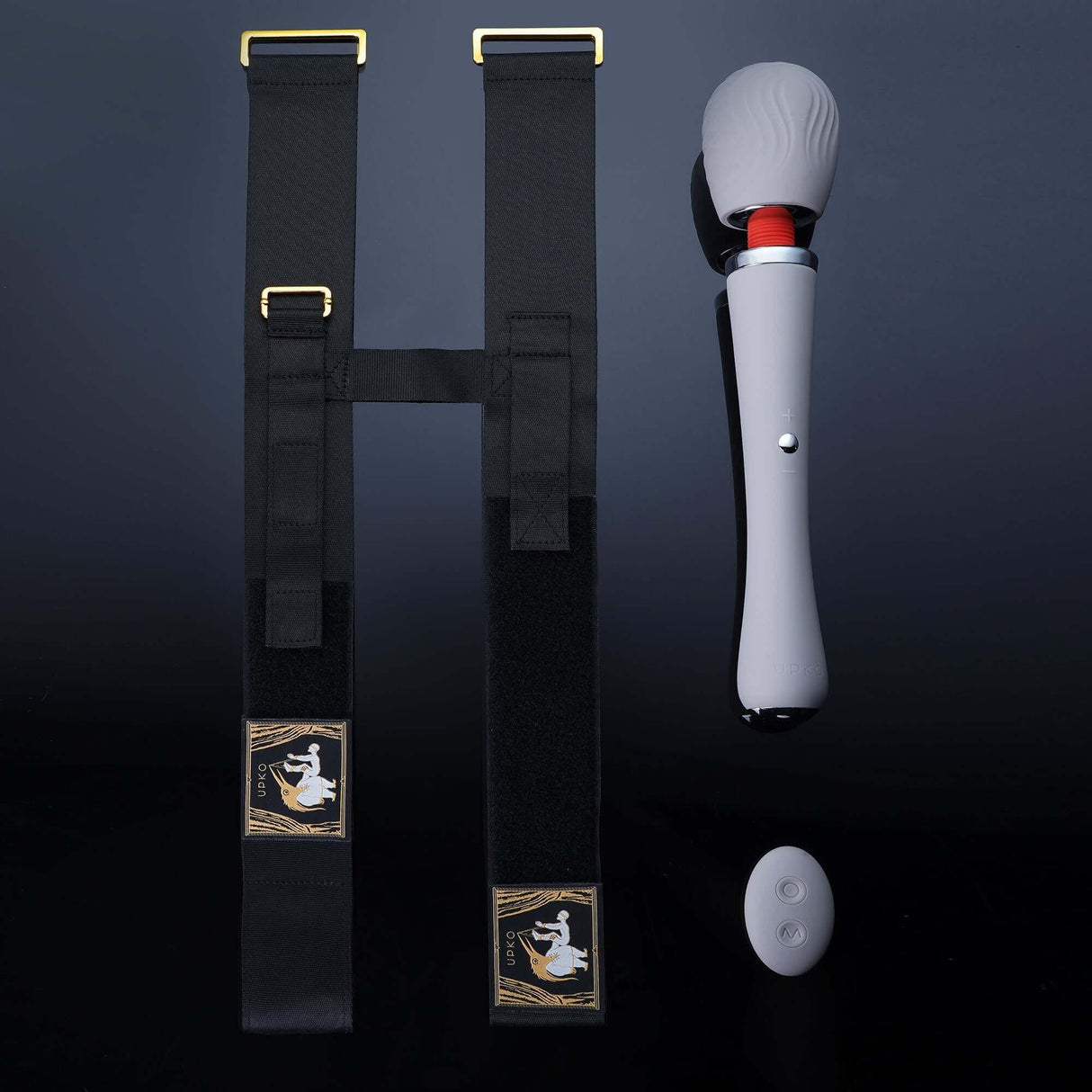 UPKO remote-control wand vibrator with thigh harness and control button for enhanced pleasure and discreet enjoyment.