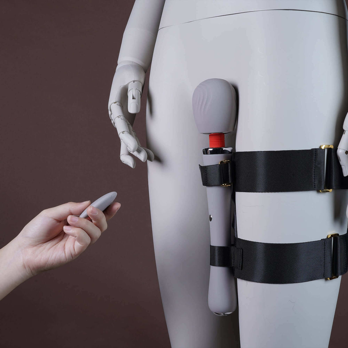 UPKO Remote-Control Wand Vibrator secured in thigh harness with remote, showcasing discreet pleasure and exciting possibilities.