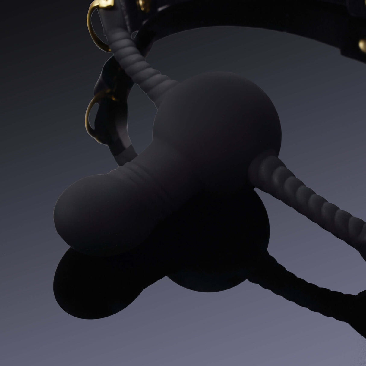 Black silicone dildo-shaped mouth gag with gold hardware accents on reflective surface.