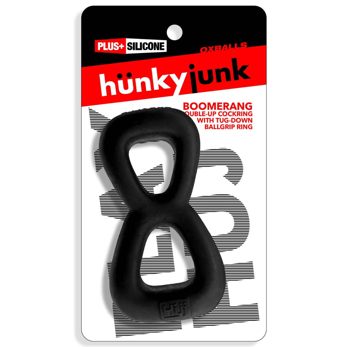 Oxballs Boomerang Double-Ring Cockring & Nut-Tugger Black packaging showing soft rubbery design for support and comfort.